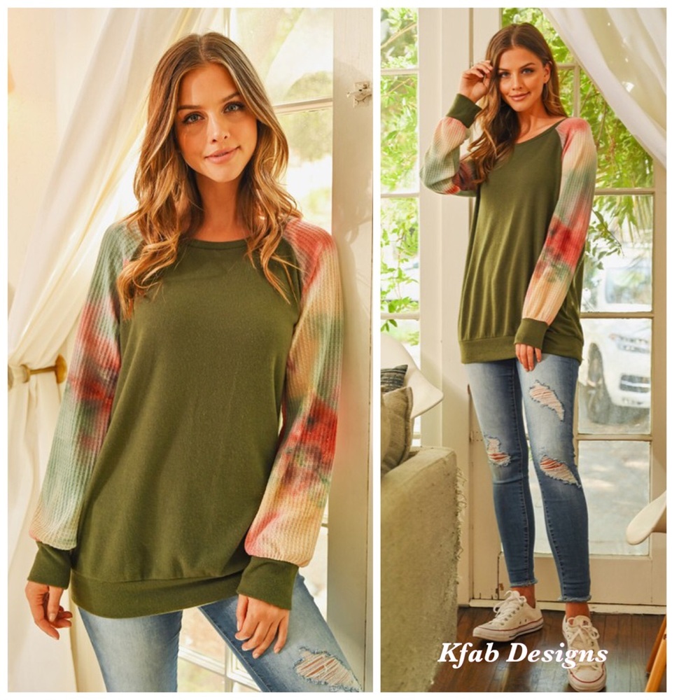 ❤️LAST! Waffle Knit Tie Dye Sleeve Brushed Top! - Picture 4 of 6